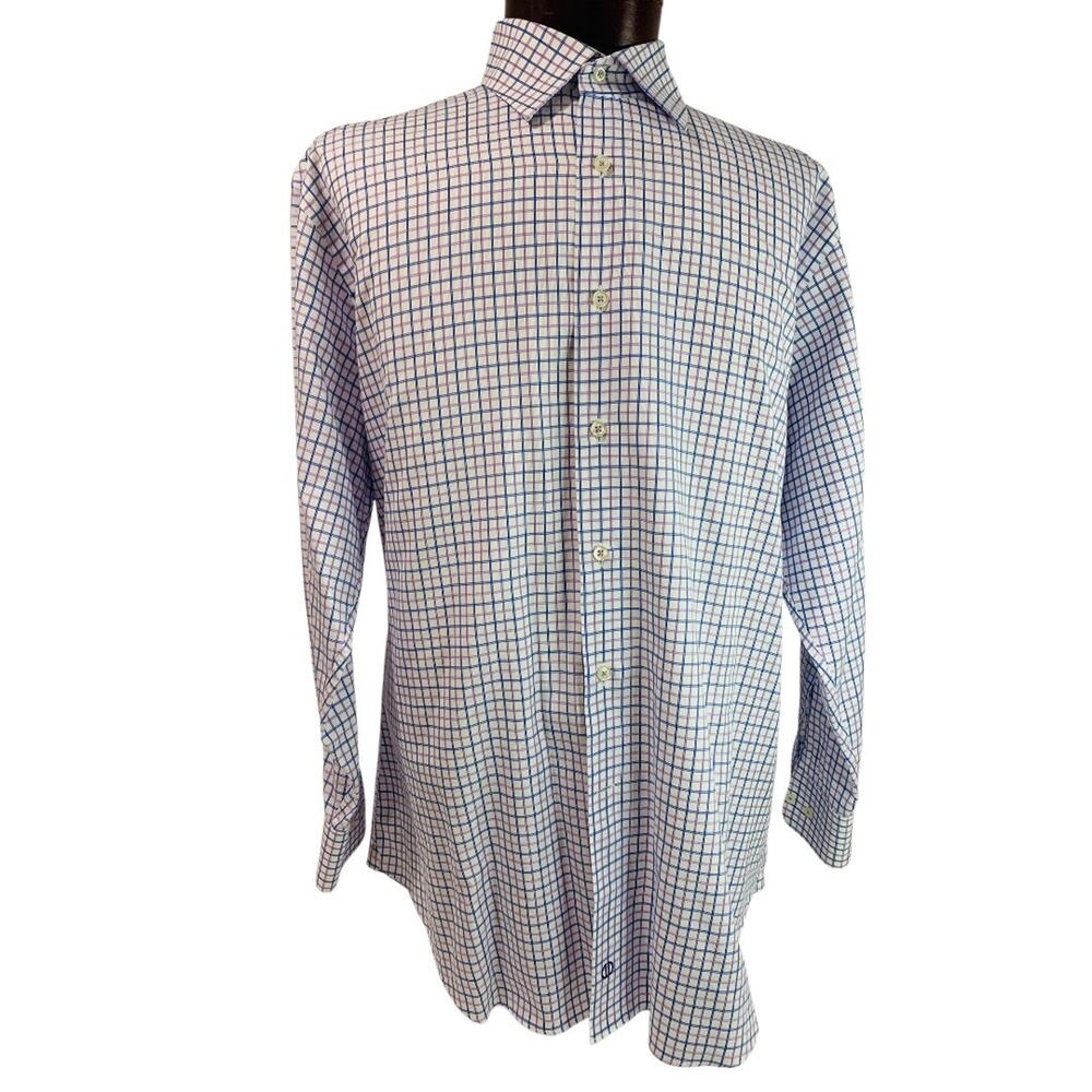 17.5 (32/33) David Donahue Mens Button Up Dress Shirt Windowpane Blue Purple